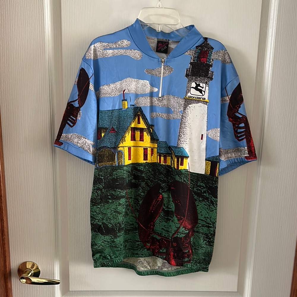 Blue and Green Jersey with Coastal Lighthouse Design ,sports wear. vintage.